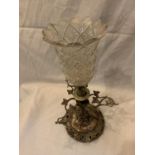 A SILVER PLATED CANDLE HOLDER WITH GLASS SHADE AND GRAPE VINE DECORATION 39CM TALL