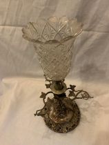 A SILVER PLATED CANDLE HOLDER WITH GLASS SHADE AND GRAPE VINE DECORATION 39CM TALL