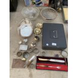 AN ASSORTMENT OF ITEMS TO INCLUDE TWO GLASS BOWLS, FLATWARE AND A WHITE METAL BONOBON DISH ETC