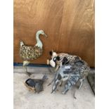 FOUR METAL GARDEN ORNAMENTS TO INCLUDE A COW AND AN ELEPHANT