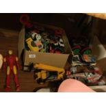 A BOX OF DIECAST PLAYWORN CARS PLUS A LARGE FORK LIFT TRUCK, RACING CAR, ETC
