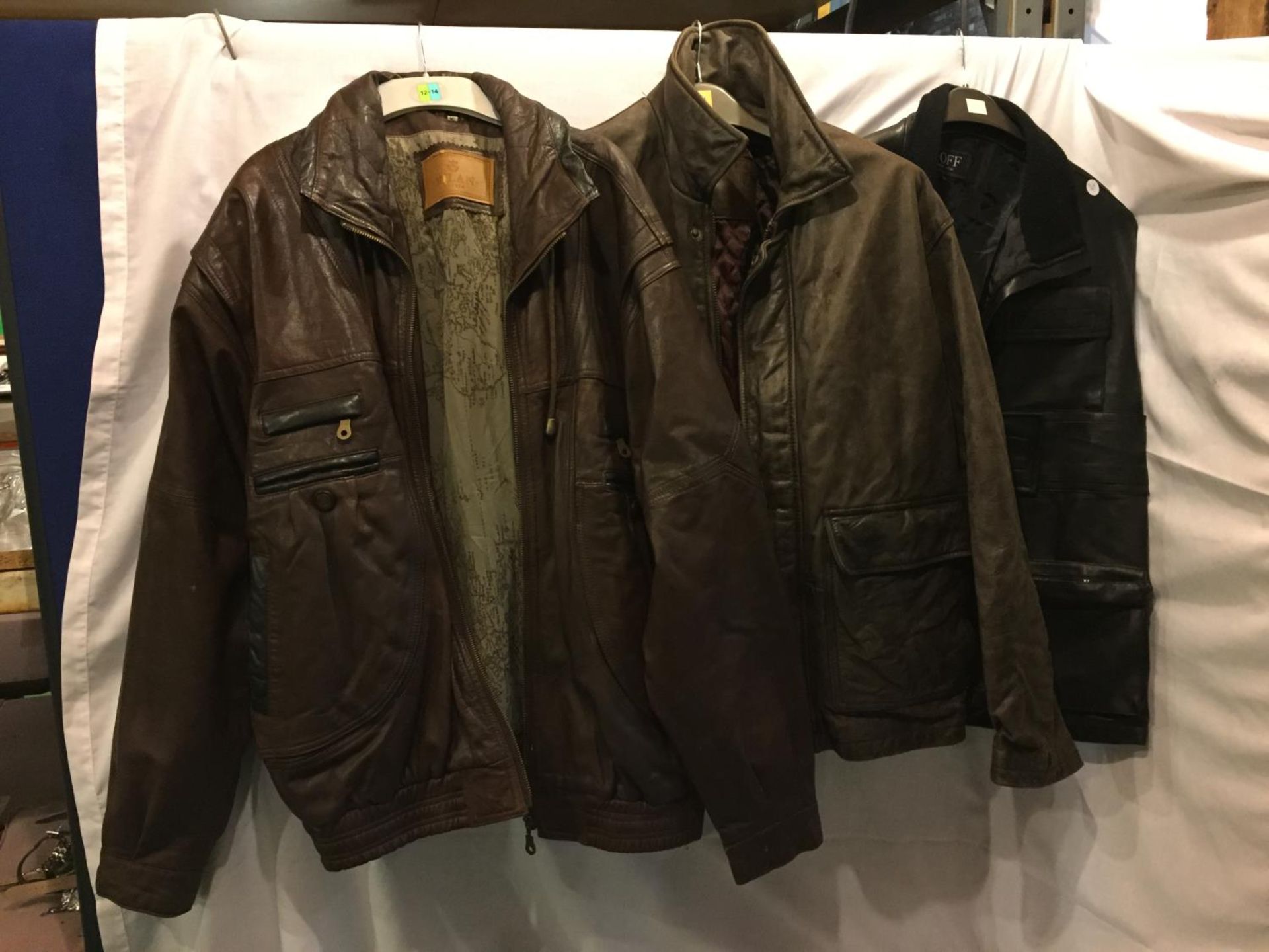 TWO MENS LEATHER JACKETS AND A FAUX LEATHER GILET