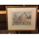 A FRAMED PRINT OF CHURCH LANE, NANTWICH, SIGNED TO THE BOTTOM RIGHT (GLASS A/F)