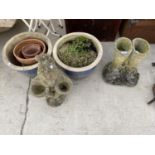 AN ASSORTMENT OF GARDEN ITEMS TO INCLUDE TWO RECONSTITUTED STONE PLANTER/ORNAMENTS AND TERRACOTTA