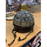 A VINTAGE PEWTER AND GLASS LAMPSHADE WITH LEADED GLASS PIECES