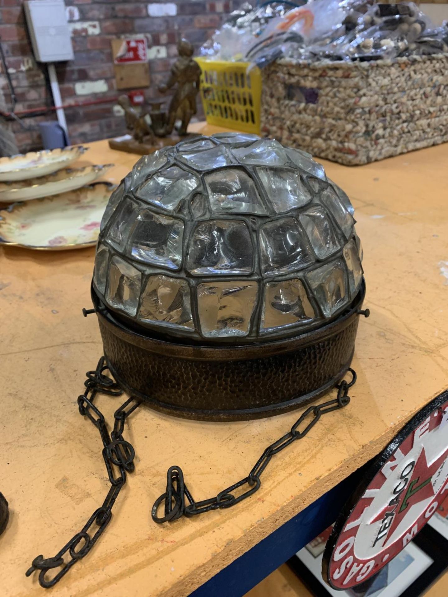 A VINTAGE PEWTER AND GLASS LAMPSHADE WITH LEADED GLASS PIECES