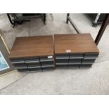 TWO WOODEN CASSETTE STORAGE UNITS WITH A LARGE QUANTITY OF CASSETTE TAPES