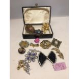 FIFTEEN VARIOUS BROOCHES IN A JEWELLERY BOX TO INCLUDE A DACHSHUND, HORSES HEAD, DOLPHINS, FLOWERS