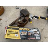 AN ASSORTMENT OF TOOLS TO INBCLUDE WORKZONE TOOLS, A WOODEN MALLET AND A VINTAGE WOOD PLANE ETC