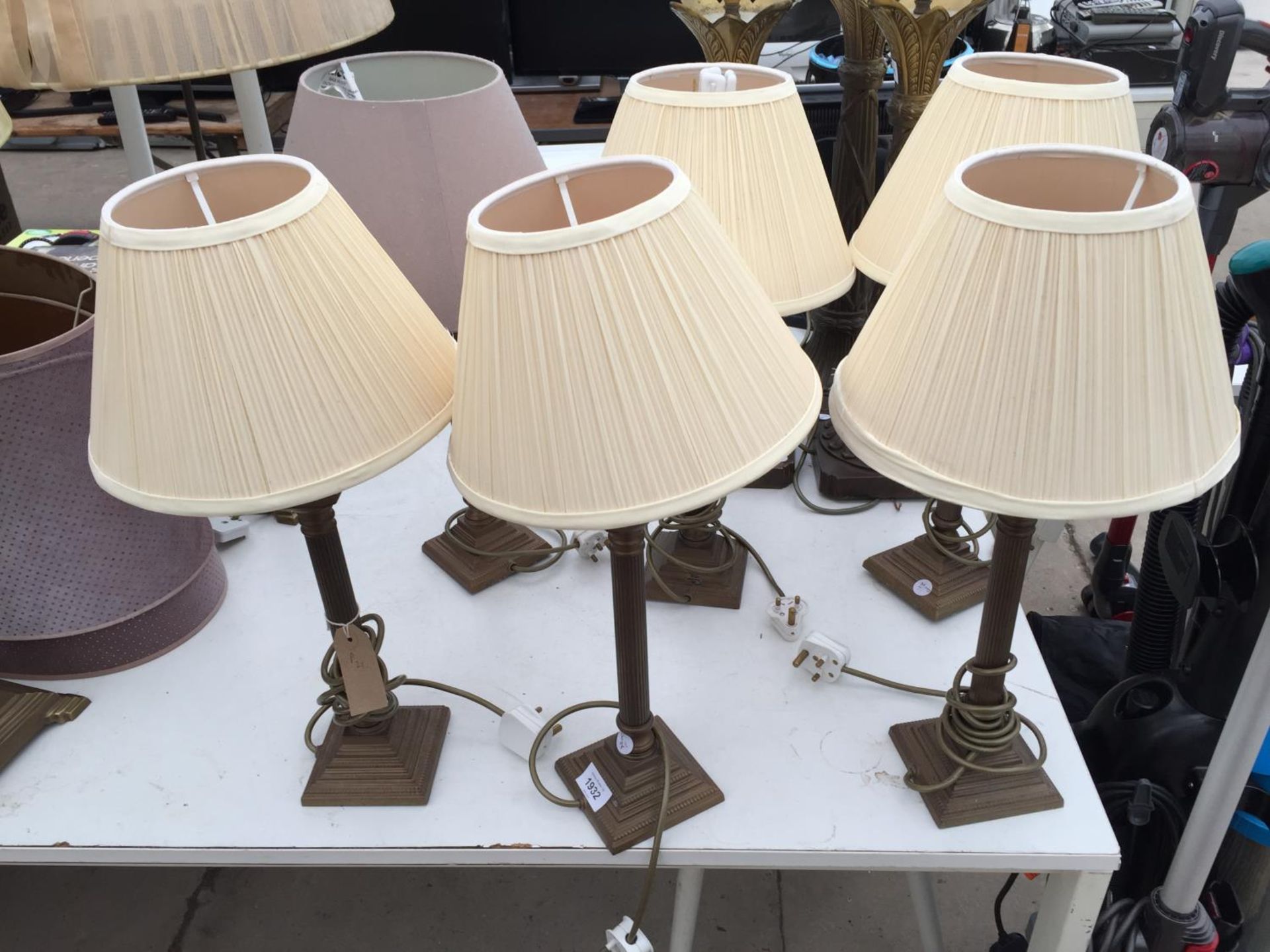 SIX MATCHING BRASS TABLE LAMPS WITH SHADES