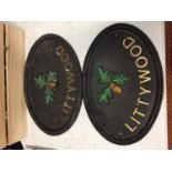 TWO CAST SIGNS 'LITTYWOOD' WITH OAK LEAF AND ACORN DECORATION