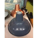 TWO INDUSTRIAL STYLE LAMP SHADES ONE BLUE AND ONE COPPER COLOUR