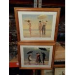 TWO FRAMED PRINTS BY JACK VETTRIANO DEPICTING SCENES OF PEOPLE DANCING ON A BEACH