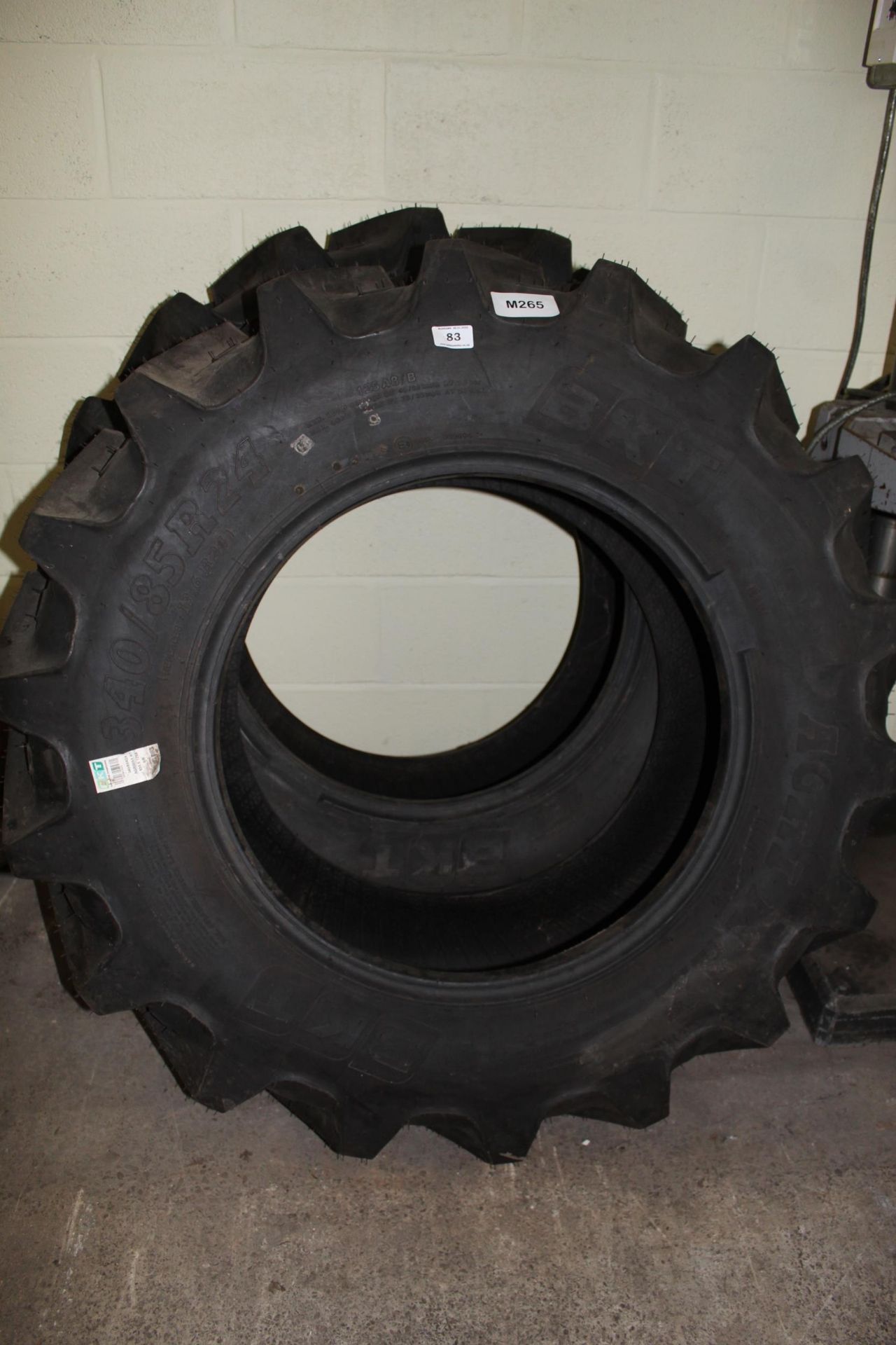 TWO BKT AGRIMAX 340/85R24 TYRES IN AS NEW CONDITION +VAT