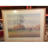 A VERY LARGE FRAMED LIMITED EDITION PRINT OF A GOLF HOLE, 114/500 SIGNED DAVID T WILLIAMS