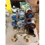 A COLLECTION OF CERAMICS TO INCLUDE, BARGEWARE STYLE, JUGS, PLANTERS, SMALL CLOISONNE METAL VASES,
