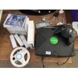 AN ASSORTMENT OF ITEMS TO INCLUDE AN XBOX AND A NINTENDO WII TO ALSO INCLUDE WII GAMES ETC