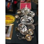 A QUANTITY OF SILVER PLATED ITEMS TO INCLUDE A THREE TIERED CAKE STAND, GOBLETS, SAUCE BOATS, ETC