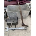 AN ASSORTMENT OF ITEMS TO INCLUDE A LARGE 70MM SPANNER, AN INDUSTRIAL STYLE STORAGE BIN ETC