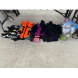 ASN ASSORTMENT OF WATER SPORTS ITEMS TO INCLUDE WET SUITS AND LIFE JACKETS ETC