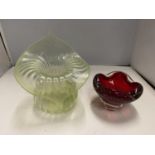 TWO PIECES OF GREEN AND CRANBERRY GLASSWARE, THE GREEN PIECE HAVING A PONTIL MARK TO THE BASE