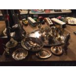 A QUANTITY OF SILVER PLATED ITEMS TO INCLUDE, COFFEE AND TEA POT, GOBLETS, TRAYS, DISHES, ETC