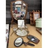 AN ASSORTMENT OF ITEMS TO INCLUDE VANITY MIRRORS, A DRESSING TABLE SET AND A WOODEN SWING FRAMED