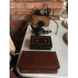 VARIOUS VINTAGE ITEMS TO INCLUDE A HILLMAN SEWING MACHINE MOTOR, TIN, GOGGLES, A CASED GENTLEMAN'S