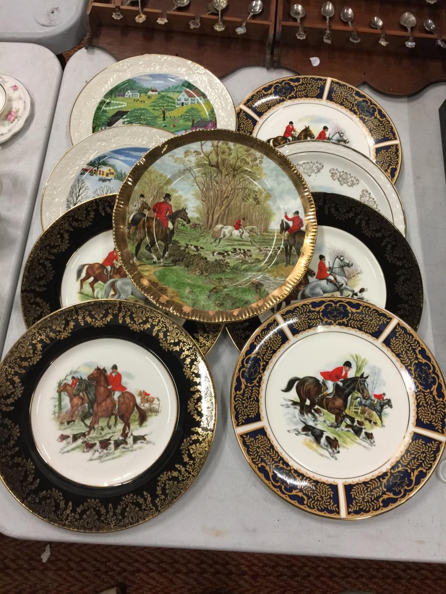NINE COLLECTORS PLATES, SEVEN HUNTING SCENES AND TWO COUNTRY SCENES