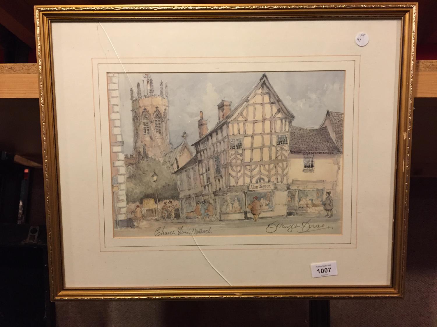 A FRAMED PRINT OF CHURCH LANE, NANTWICH, SIGNED TO THE BOTTOM RIGHT (GLASS A/F) - Image 2 of 8