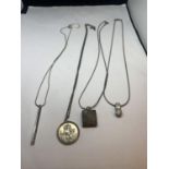 FOUR MARKED SILVER NECKLACES WITH PENDANTS TO INCLUDE A ST CHRISTOPHER, CLEAR STONE ETC