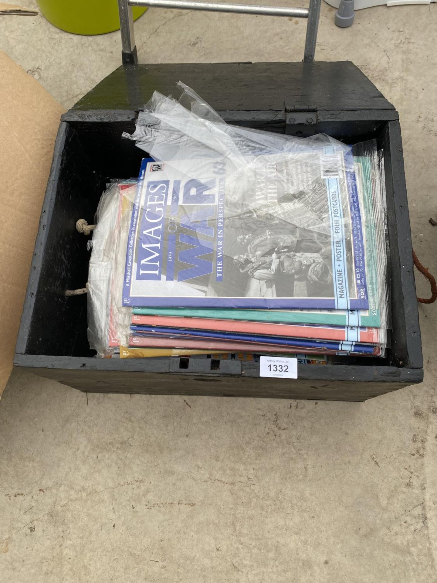 A VINTAGE WOODEN STORAGE CHEST TO INCLUDE IMAGES OF WAR MAGAZINES