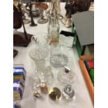 A LARGE COLLECTION OF GLASSWARE TO INCLUDE VASES, SCENT BOTTLES, TRINKET DISHES, PAPERWEIGHTS ETC.