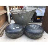 A VINTAGE GALVANISED COAL SKUTTLE AND TWO WEIGHTS