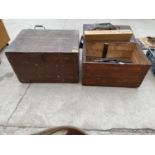 TWO WOODEN TOOL STORAGE CHESTS TO INCLUDE AN ASSORTMENT OF TOOLS, HAMMERS AND SPANNERS ETC