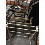 A GENTLEMAN'S VALET STAND ON WHEELS, TWO TOWEL RAILS, ONE PINE. ONE PAINTED