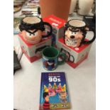 THREE BOXED BEANO MUGS TO INCLUDE, DENNIS THE MENACE, GNASHER, A CARTOON STRIP AND A BEANO BOOK