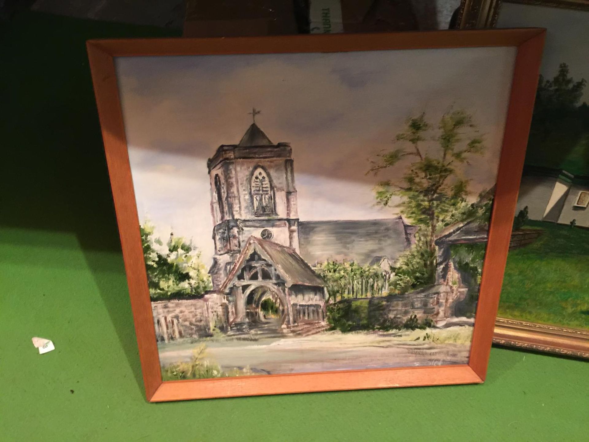 TWO OIL ON BOARD PAINTINGS OF A A CHURCH AND A BUNGALOW AND A PRINT OF YORK MINSTER - Image 2 of 4