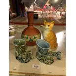 TWO SHAMROCK POTTERY DONKEY PLANTERS, A JUST CATS & CO GINGER CAT AND A ETRURIA TERRACOTA VASE