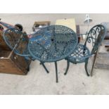 A METAL BISTRO TABLE AND TWO CHAIR SET