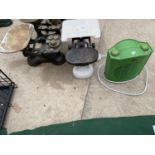AN ASSORTMENT OF ITEMS TO INCLUDE TWO SETS OF BALANCE SCALES, WEIGHTS AND A HEATER ETC