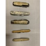 FIVE VINTAGE BONE HANDLED PEN KNIVES