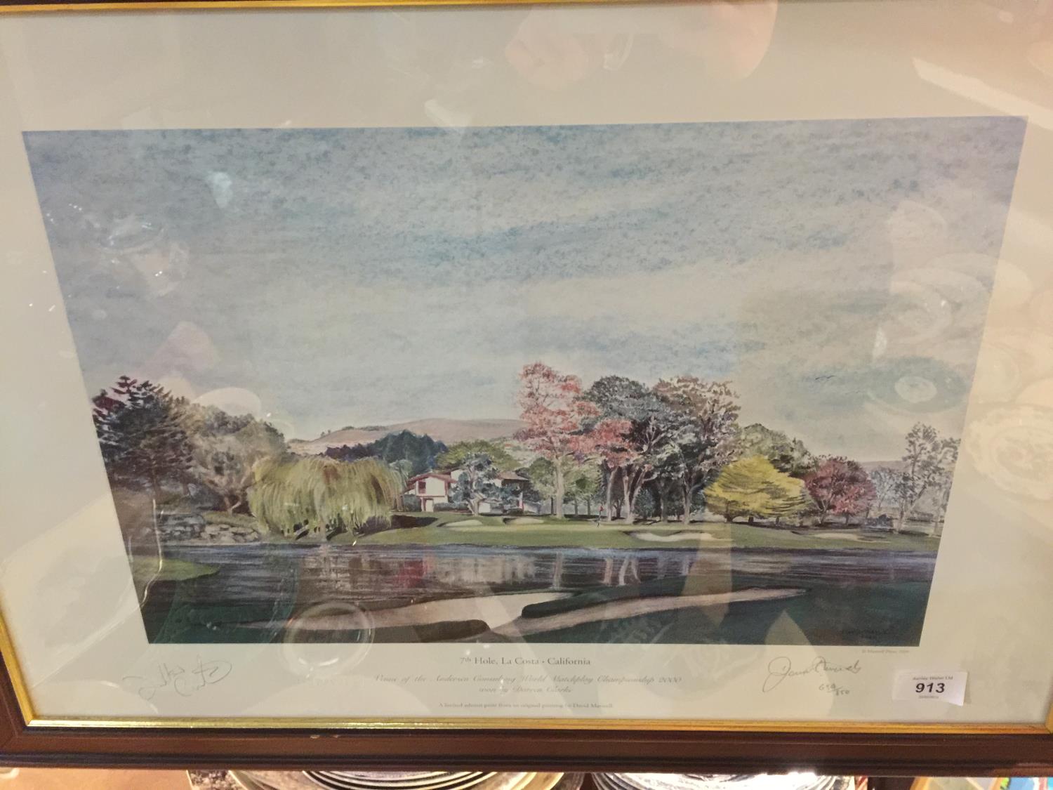 A FRAMED PRINT OF 7TH HOLE, LA COSTA, CALIFORNIA, SIGNED DAVID MAXWELL, DATED 2000 AND SIGNED BY THE - Image 2 of 2