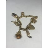 A 9 CARAT GOLD CHARM BRACELET WITH EIGHT CHARMS TO INCLUDE A WHISTLE, BELL, SEAHORSE, TAMBOURINE ETC