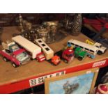 AN AMOUNT OF TRUCKS AND VEHICLES TO INCLUDE BUDDY L AND MATCHBOX