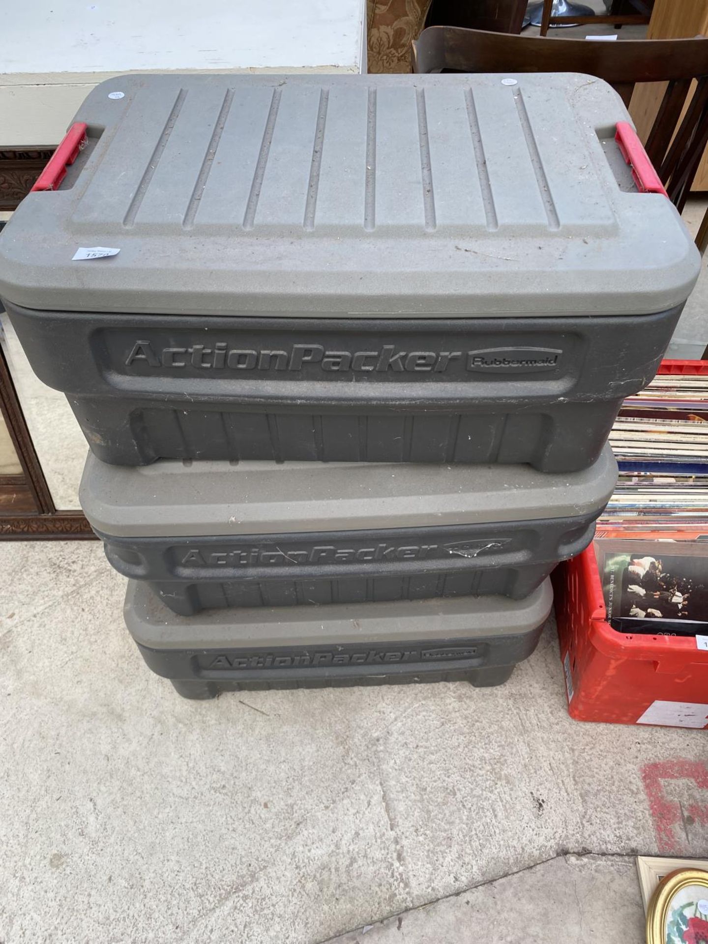 THREE RUBBERMAID ACTIONPACKER STORAGE BOXES