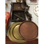 THREE BRASS AND COPPER TRAYS, A VINTAGE PLANE. A HORN, A WOODEN BOX, ETC