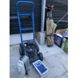 AN ASSORTMENT OF ITEMS TO INCLUDE A SACK TRUCK, A DRILL AND A FOOT PUMP ETC