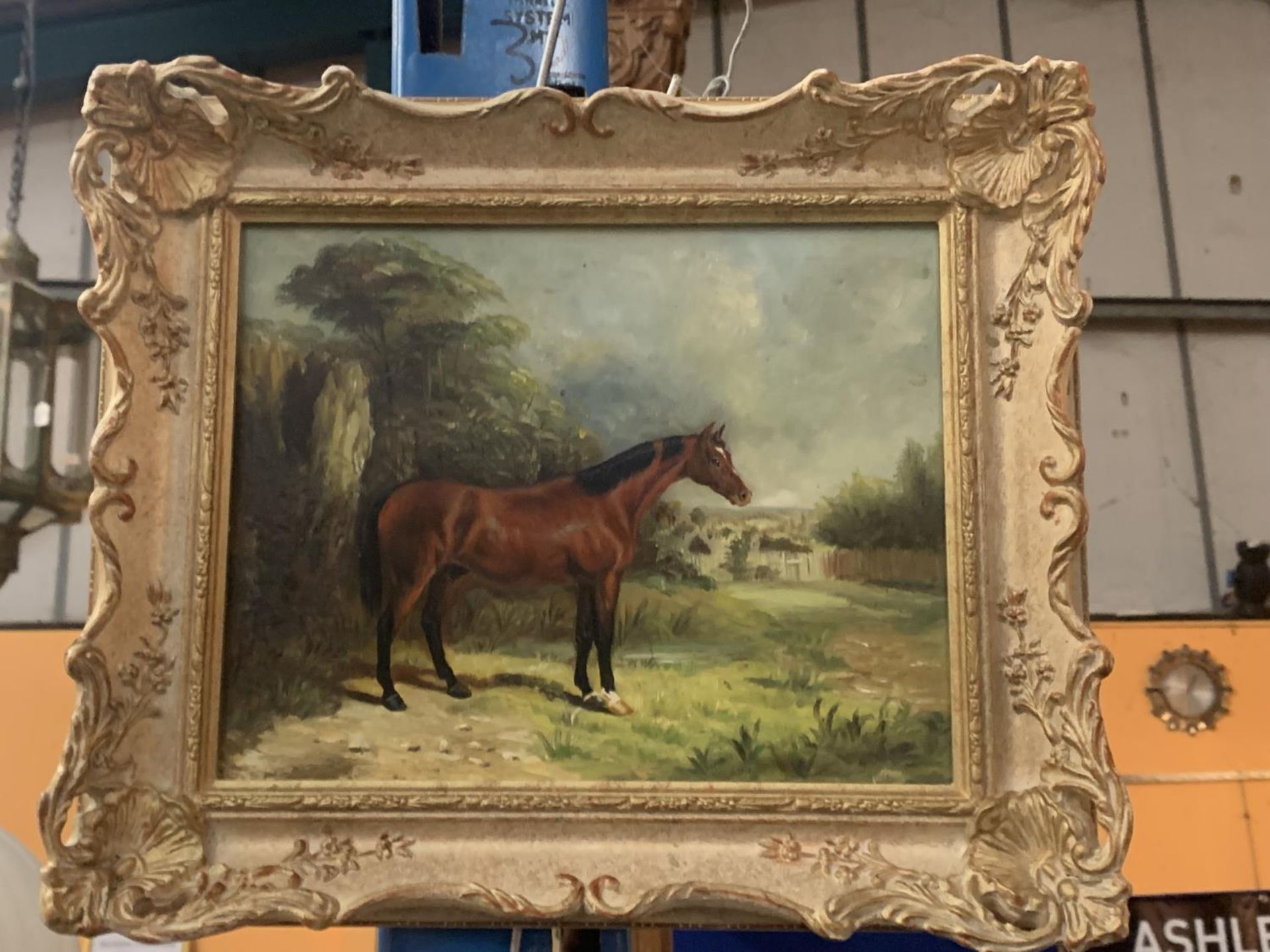 A ORNATE FRAMED POSSIBLY OIL ON BOARD OF A RACE HORSE NIPISIQUIT