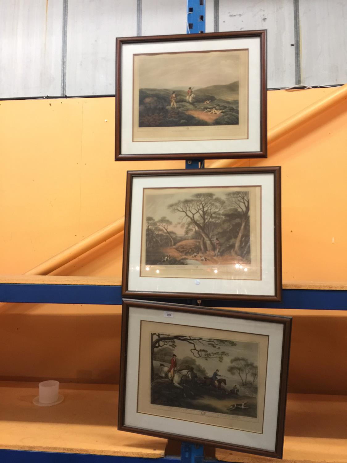 THREE FRAMED PRINTS DEPICTING HUNTING SCENES, LA CHASSE AU COG DE BRUYERE , LA CHASSE AU BECASSES,